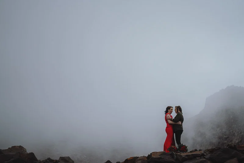 Mountain Wedding Photography of Krissie and Zoe on a foggy summer day.